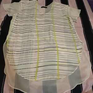 Calvin Klein Jeans Striped Sheer Overlay Top in White with Neon Yellow Accents